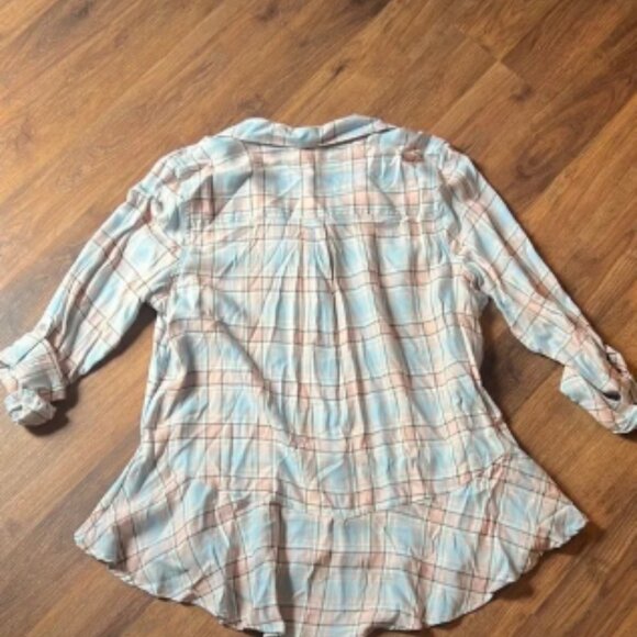NWT - Pastel Pink and Blue Plaid Button Down Blouse with Ruffle Bottom - Picture 5 of 5